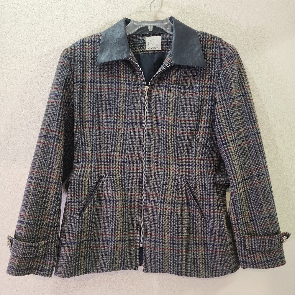Vintage Gantos Blue Wool? Lined Tweed Leather Accent Blazer Jacket Russia Medium
